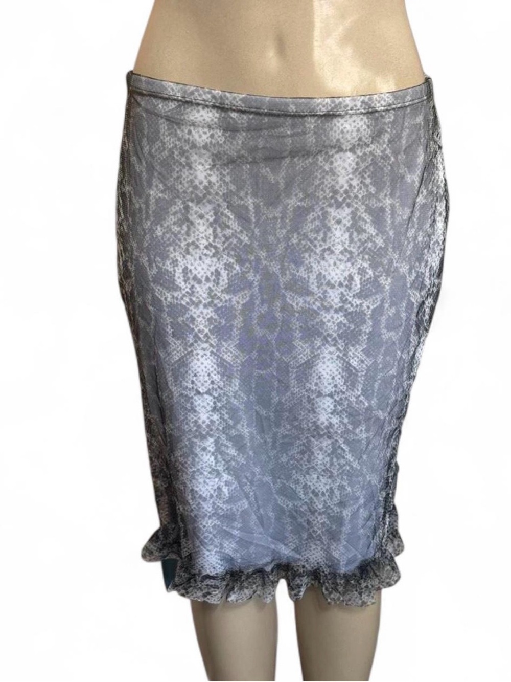 Caren Sport Silver Snake-Print Ruffle Hem Pencil Skirt deadstock Y2K